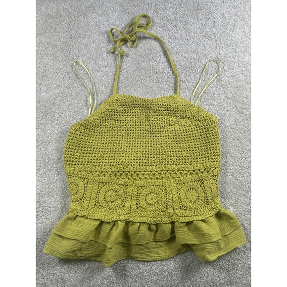 Milk & Honey Tops - Milk & Honey Womens XS Yellow Crochet Ruffle Peplum Boho Summer Tank Halter Boho